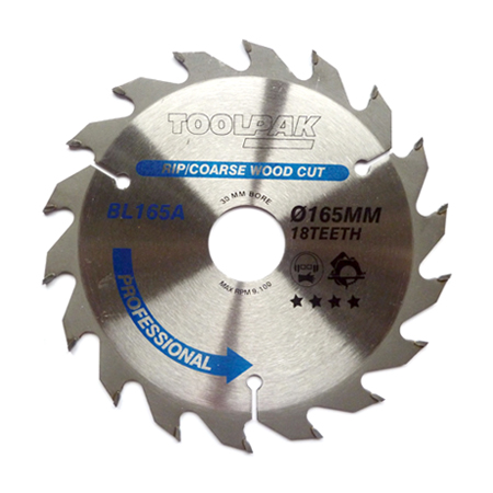 TCT Circular Saw Blade 165mm x 30mm x 18T Professional Toolpak 