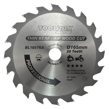 Cordless TCT Thin Kerf Saw Blade 165mm x 20mm x 20T Toolpak Cordless TCT Thin Kerf Saw Blade 165mm x 20mm x 20T Toolpak