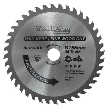 Cordless TCT Thin Kerf Saw Blade 165mm x 20mm x 40T Toolpak 