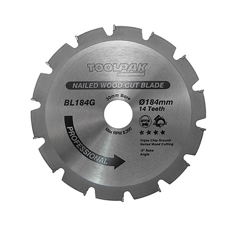 TCT Saw Blade Nailed Wood 184mm x 30mm x 14T Toolpak 