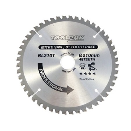 TCT Mitre Saw Blade 210mm x 30mm x 48T Toolpak 