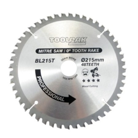 TCT Mitre Saw Blade 215mm x 30mm x 48T Toolpak 