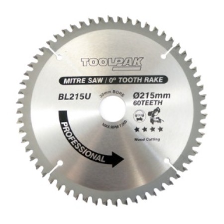 TCT Mitre Saw Blade 215mm x 30mm x 60T Toolpak 