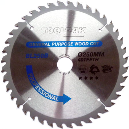 TCT Circular Saw Blade 250mm x 30mm x 40T Professional Toolpak 